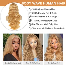 PDTBO Honey Blonde Wig Human Hair Pre Plucked Blonde 200% Density Body Wave 13x6 Lace Front Wigs Human Hair for Beginners Glueless 32 Inch