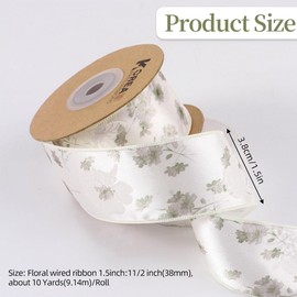 CABODYALS 9.14M 1.5 Inch Green Flower Print Ribbon Floral Wired Ribbon Spring Summer Flowers Printed Fabric Ribbons with Spool for Gift Wrapping Sewing Craft Christmas Wedding Invitations Diy Decor