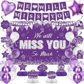 Purple Silver Farewell Party Decorations We Will Miss You Banner Honeycomb Centerpiece Rude That You're Leaving But Ok Hanging Swirls Balloons for Coworker Employee Goodbye Going Away Party Supplies