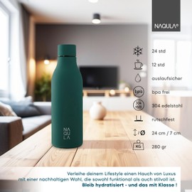 NAQULA® Edelstahl Trinkflasche 550ml, BPA-Frei, auslaufsichere Wasserflasche/Thermosflasche mit modernem minimalistischem Design für Indoor und Outdoor. Grün (midnight green)