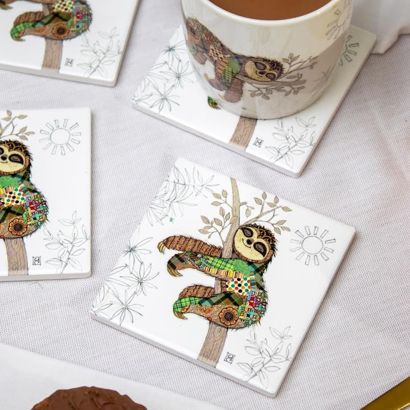 Set Of 4 Ceramic Coasters Sloth Bug Art Square Drinks