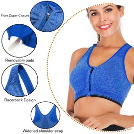 FLORATA Women's Zip Front Sports Bra Seamless Wirefree Post Surgery Bra Padded Sports Bras Yoga Bra with Removable Cups