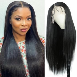 goodear 13x6 Straight Long Lace Frontal Synthetic Wigs Close to Human Hair with Baby Hair for Women 26 Inch, soft, lifelike, breathable Synthetic Wig (Black, Long 26inch)