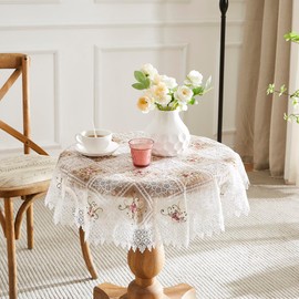LinenZone White Farmhouse Tablecloth with Colorful Flower Design. 60 Inch Round Tablecloth for Small Table, Dresser, Coffee Table. Macrame Cover for Farmhouse Decor. (Viola 60 Round, White)