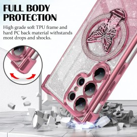 Funda Magnética Para Samsung Galaxy S25 Ultra Glitter Mariposa Anillo Soporte Antigolpes Esquinas Reforzadas                                          