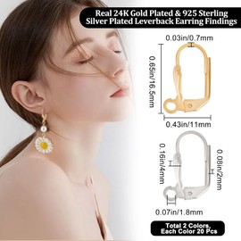 Beebeecraft 1 Box 40Pcs Leverback Earring Findings 24K Gold Plated Brass French Earring Hooks with Open Loops Silver and Gold 16.5x11mm Interchangeable Dangle Ear Wire Findings for Jewelry Making