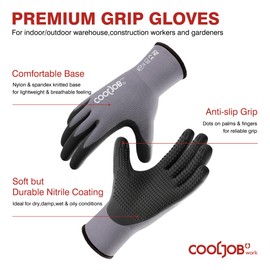 COOLJOB 12 Pairs Nitrile Rubber Coated Nylon Safety Work Gloves Pack Bulk, Dotted for Non-Slip Grip, Breathable Soft Seamless Knit Nitrile Dipped Gloves for Warehouse, Home Improvement, Yard, Large