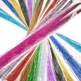 Hair Tinsel Glitter Hair Extension 2400 Strands 119 cm Tinsel Hair Extensions Kit with Pull Hook Needle (12 Colours)