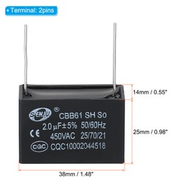 PATIKIL CBB61 Ceiling Fan Capacitor 2uF 450V AC 50/60Hz with 2 Pins 38 x 14 x 25 mm for Air Conditioning Fan Motor Star Running Capacitors Pack of 5