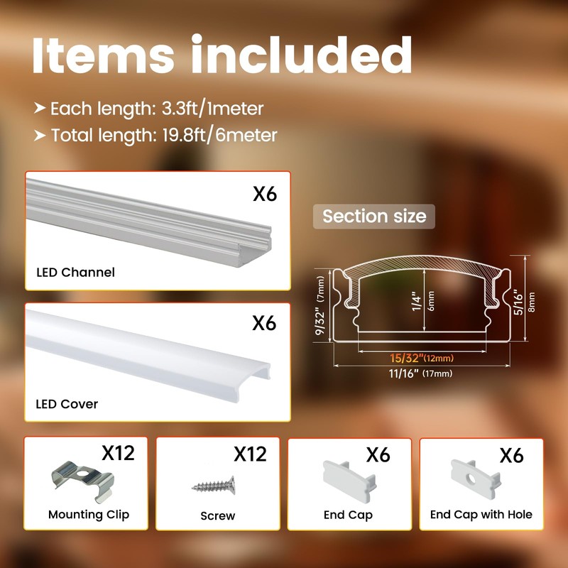 Muzata 6Pack 3.3FT/1M LED Channel Aluminum U Shape Silver LED