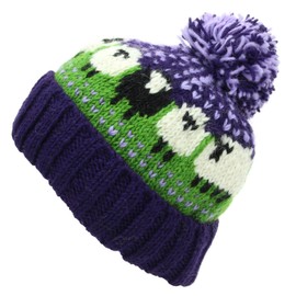 LOUDelephant Wool Knit Bobble Beanie Hat - Sheep - Green Purple