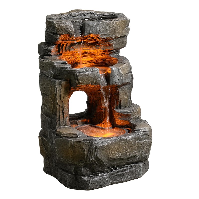 Kalona 3-Tier Outdoor Water Fountain with LED Lights, Resin Rock