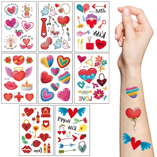 8 Sheets Valentine's Day Temporary Tattoo Love Heart Tattoos Lips Flowers Waterproof Fake Tattoo Stickers for Lovers Party Decorations Girls Women Favour Party Supplies