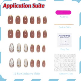 3D Gold French Tip Press on Nails Short Almond Gold Curve Line Fake Nails Sparkly Shell PearlsFalse Nails with Designs Glitter Glossy Gel Glue on Nails Petite Acrylic Nails for Women Girls 24Pcs