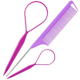 3Pack Hair Loop Tool Set with 2PCS French Braid Tool Loop 1PCS Rat Tail Comb Metal Pin Tail Braiding Comb for Hair Styling, Purple - Color: black