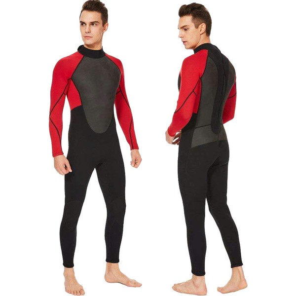 REALON Men Wetsuit Neoprene Wet Suits 3mm Full Body Long Sleeves Swimsuit for Scuba Diving Swimming Surfing Adult in Cold Water Aerobics (red/Black, Medium)