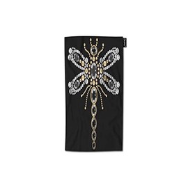 Zaueky Beautiful Diamonds Hand Towel Embroidery Jewelry Shiny Gold Silver Black Decorative Bathroom Towels Soft Highly Absorbent Face Towel for Hotel Gym Spa（15X30 Inch）
