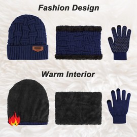 3-Pieces Winter Beanie Hat Scarf and Touch Screen Gloves Set Warm Knit Skull Cap for Men Women, Navy Blue(Hat Scarf Gloves)