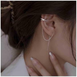 Aneneiceera Vintage Cz Circle Ear Cuff Earrings Silver Ring Helix Chain Earrings Long Chain Drop Earrings Long Chain Pull Through Earrings Bar Drop Earrings Jewelry for Women