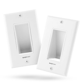 BASEPORT Recessed Wall Plate for Behind Wall Cable Management - White Wall Plate Cable Pass Through with Low Voltage Mounting Bracket to Hide TV Cords for Wall Mount TV, Bottom Opening, 2 pack