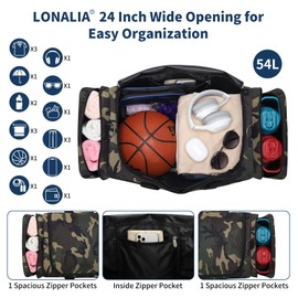 LONALIA 24 inch Gym Duffle Bag with Shoe Compartment - 55L Mens Gym Bag for Sport Travel Workout-Camo