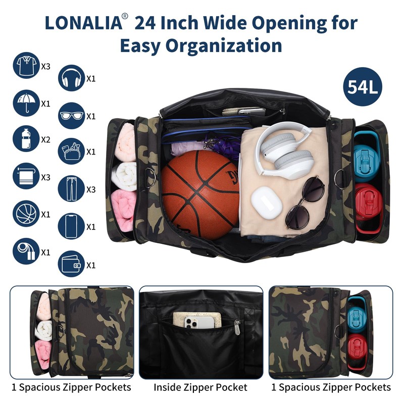 LONALIA 24 inch Gym Duffle Bag with Shoe Compartment -