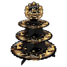 FIESTAS GUIRCA | Vassoio a 3 Livelli Happy New Year (40x30 cm) - Decorazione per Tavolo per Feste di Fine Anno e Celebrazioni - Ideale per Natale e Capodanno - Nero Oro