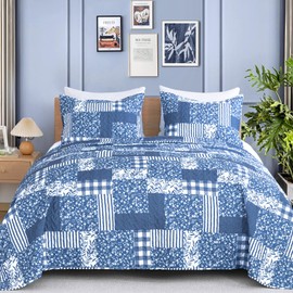 ROMROL Quilt Set Queen Size Floral Quilt Bedding Set 3 Pieces Quilted Bedspread Lightweight Coverlet Set Garden Patchwork Style Soft Reversible Quilted Sets with 2 Pillow Shams for All Season