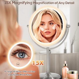 VESAUR 1X15X HD Lighted Makeup Mirror, 9" Large 5000mAh Rechargeable Double Sided Magnifying Mirror with 3 Touch Dimmable Light, 360°Rotation Detachable for Travel Vanity Mirror, Pearl Nickel, Gifts