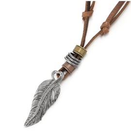 COOLSTEELANDBEYOND Retro Style Feather Pendant Necklace for Men Women with Adjustable Brown Leather Strap, Brown leather, No Gemstone