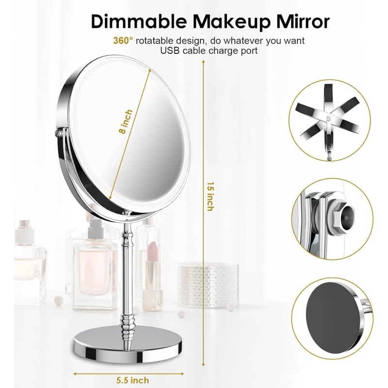 Deiovwxs Lighted Makeup Mirror 3000 mAh Rechargeable Double Sided Magnifying