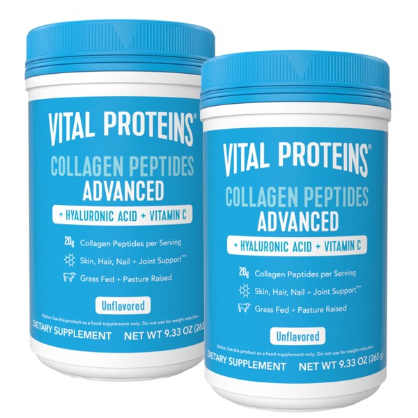 Vital Proteins Collagen Peptides with Hyaluronic Acid and Vitamin C, Shrink-Wrapped 9.33oz Bundle, Hydrolyzed Collagen - 20g per Serving - Unflavored + HAVC 9.33oz Canister Pack of 2