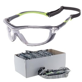 Veratti Primo Safety Glasses, 12 Pack, Anti-Fog Clear Lens, Vented Foam Lined Gray/Green Frame, ANSI Z87.1
