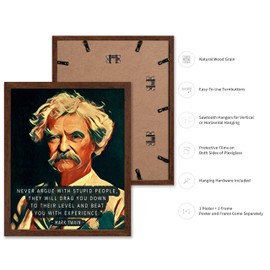 Poster Master Never Argue With Stupid People Poster - Mark Twain Print - Motivational Quotes Art - Gift for Him & Her - Funny Inspiring Decor for Living Room, Dorm or Office, 16x20 Brown Framed