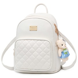 Backpack Purse for Women Small Girl Mini Daypack PU Leather Improved Cute Waterproof with Bear Doll (white)