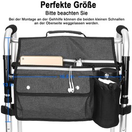 Rollstuhl-Organizer-Aufbewahrungstasche, doppelseitige Armlehnentasche mit Getränkehalter und Reflexstreifen, für Rollstühle und Gehhilfen (Schwarz)
