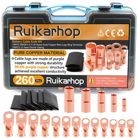 Ruikarhop 130PCS Battery Cable Ends Kit,AWG8 6 4 2 1/0 Heavy Duty Copper Wire Lugs Ring Terminals，BN8-BN60 Non Insulated Butt Connectors Kits with 130PCS 3:1 Heat Shrink Tubing