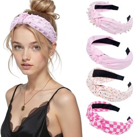 AWAYTR 4-Pack Headbands for Women Wide Elastic Top Knotted Pearl Hair Bands for Girls Hair Accessories (Light Pink, One size)