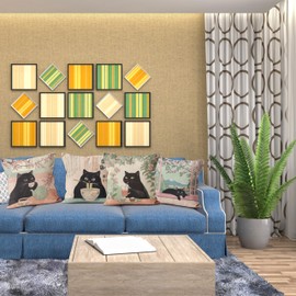 QGFM Japanese Black Cat Pillow Covers 18x18, Cat Lovers Mom Lady Gifts for Women, Vintage Japanese Food Floral Black Kitten Decorative Pillow Covers for Bedroom Living Room Home, Set of 4