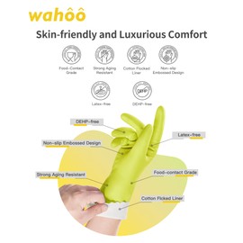 wahoo Skin-Friendly Cleaning Gloves, Cotton Flocked Lined Dishwashing Gloves, Reusable, Non-Slip, Waterproof, Bud Tender, Small