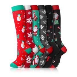 Fourluoo 6 Pairs Christmas Compression Socks Women Men Knee High Compression Socks Support for Nurses Running Athletic(Snowflake)