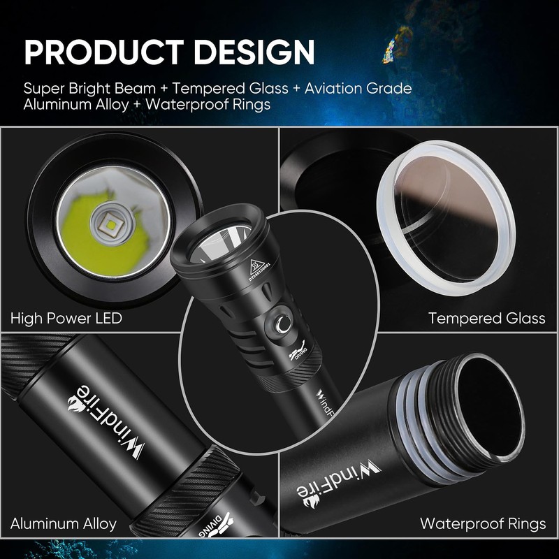 WINDFIRE Dive Lights Scuba Diving Flashlight, High-Powered Waterproof Flash Light