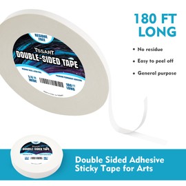 TSSART Ultra-Thin Permanent Double-Sided Tape - Double Sided Adhesive Sticky Tape for Arts, Crafts, Photography, Scrapbooking, Tear-by-Hand - Acid Free 1/4 Inch Wide 180FT Long