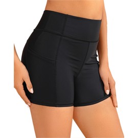 Women 3" High Waisted Swim Board Shorts Quick Dry Boy Shorts Swim Bathing Suit Bottoms Swimwear with Slant Pockets Black M