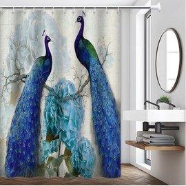 Yadshoti Peacock Shower Curtains Blue Beautiful Bird Flower Plant Watercolor Pattern Print Bathroom Decor Home Bath Bathtub Cloth Hanging Curtain Set Polyester 70 x 70 Inch with Hooks