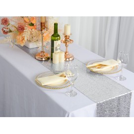 ShinyBeauty Silver Sequin Table Runner with Tassle 12x120-Inch Silver Birthday Decorations Table Runner Tassel For Party Big Payette Sequin Table RunnerChristmas (12x120-Inch, Silver)