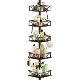 Skycarper 5 Tier Adjustable Corner Shower Caddy Organizer with Hooks,Rustproof Tension Pole 62-116 Inch,Bronze