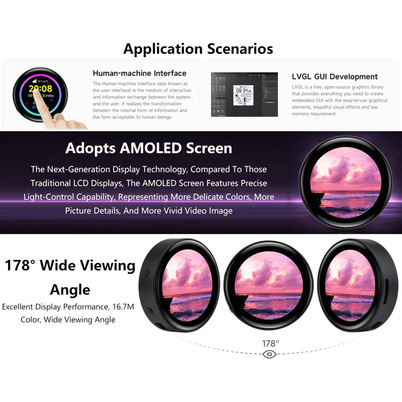 ESP32-S3 1.43inch AMOLED Display Development Board, 466×466 Resolution 16.7M Color