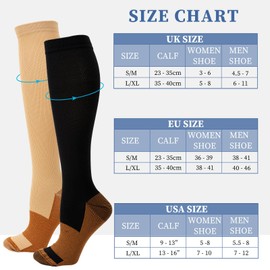 2 Pairs Compression Socks for Women Men, Flight Compression Stocking Socks, Support Socks Varicose Veins Socks Pressure Socks Travel Socks for Women Pregnancy, Sports, Nurses (Bronze Skin+Black, S/M)