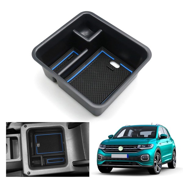 GAFAT Compatible with VW T-Cross 2018-2023 2024 Centre Console Storage Box, T Cross R-Line SE 2023 Armrest Organiser Tray Glove Box, T-Cross Accessories (Blue)